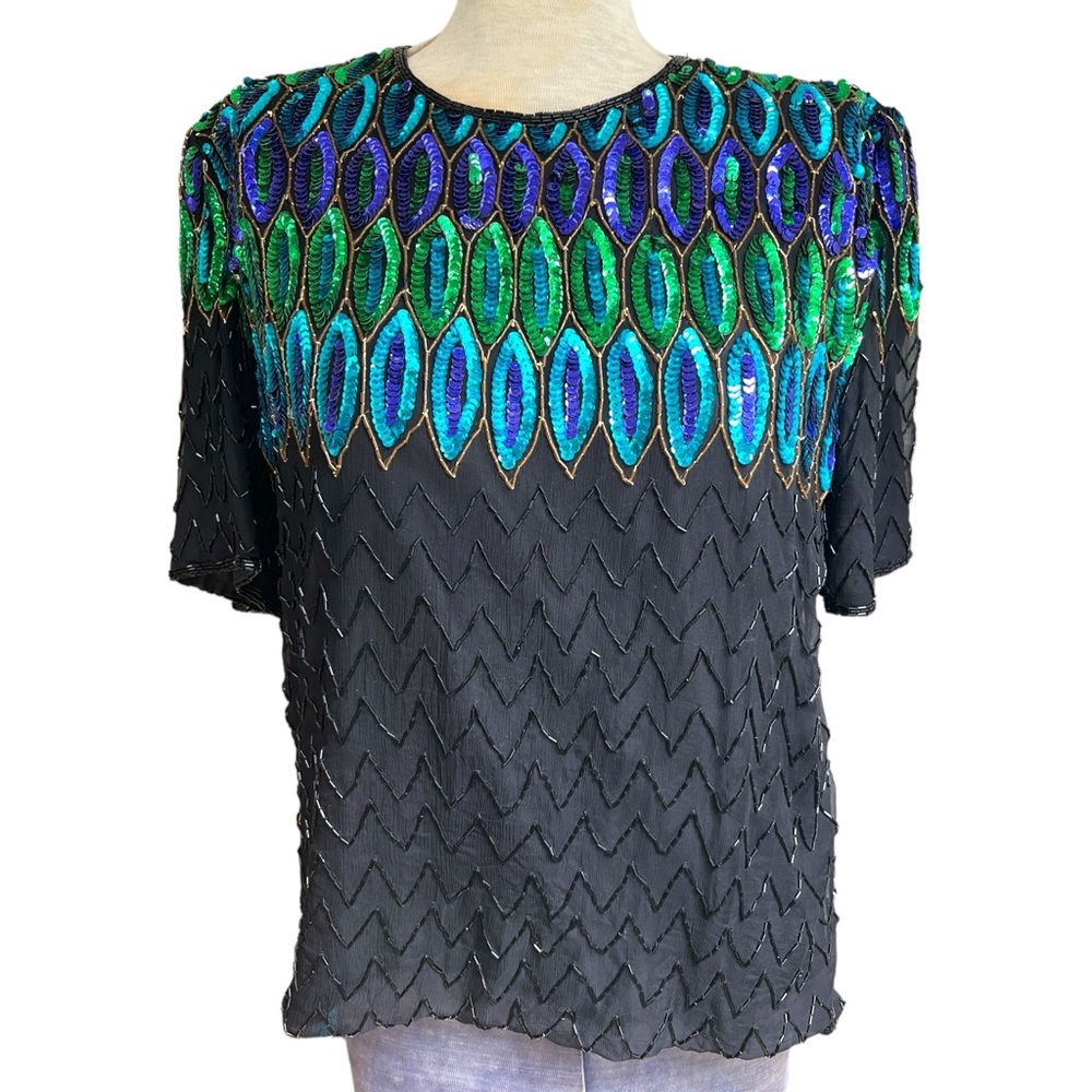 Vintage 80s Silk Sequin Bead Embellished Top